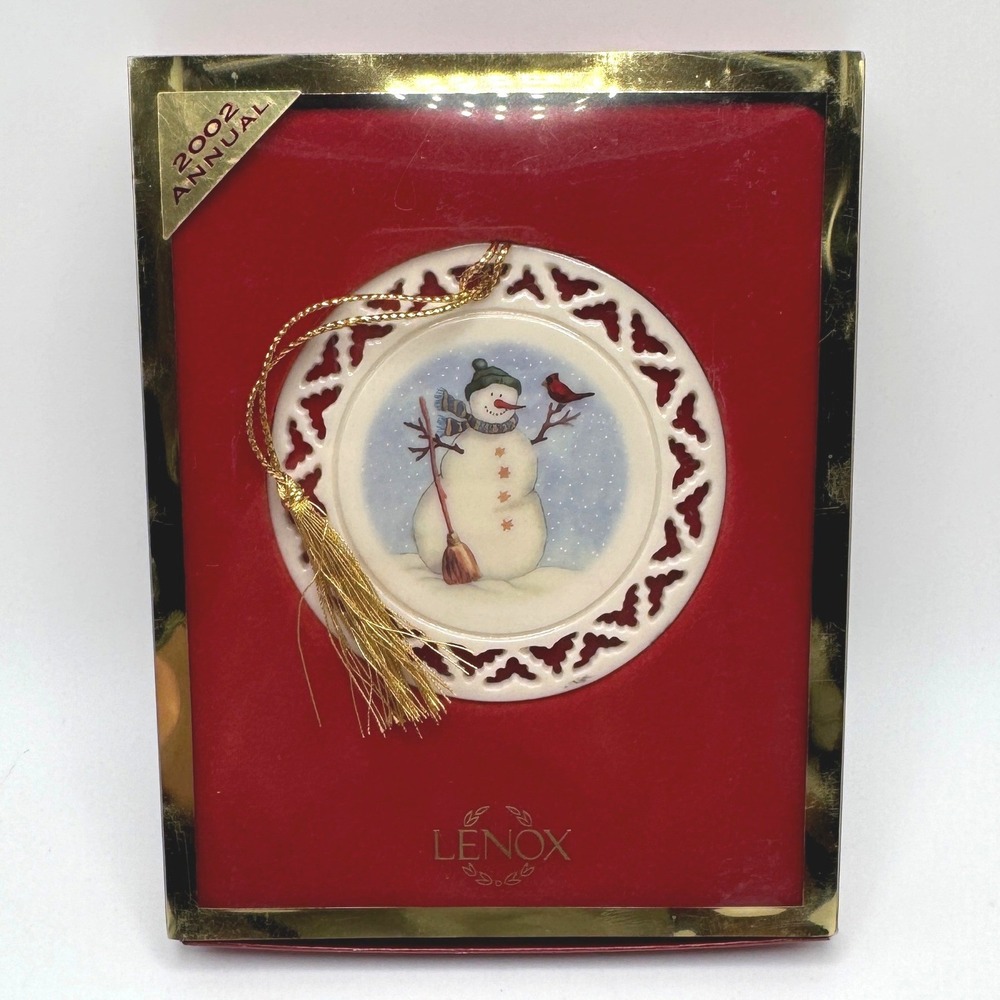 Lenox 2002 Annual Snowman Ornament Cardinal Pierced Ivory China Gold Box